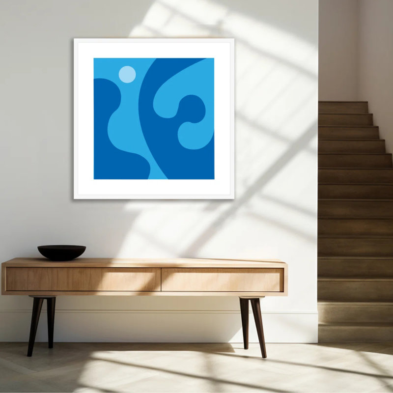 Shades Of Blue  Framed Wall Art – Blue Abstract Mid-Century Style, 40 x 40, Maple (Light Natural Wood)