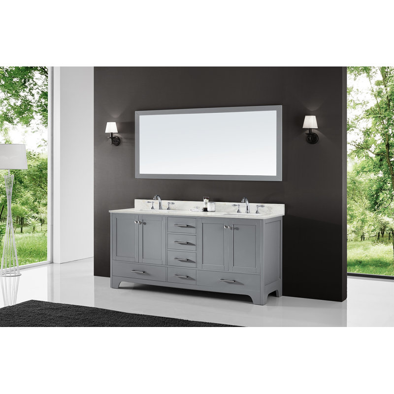 Meuble-lavabo 72 po Claristine avec comptoir en quartz et trou pour lavabo, Blanc / gris / veine dorée, Gris
