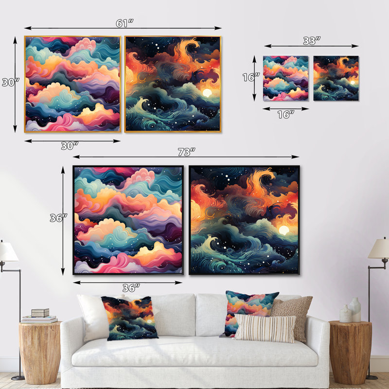 Multicolor Mystical Journey - Ensemble de 2 collages carrés abstraits, Cadre flottant doré, H 36 po x l 73 po