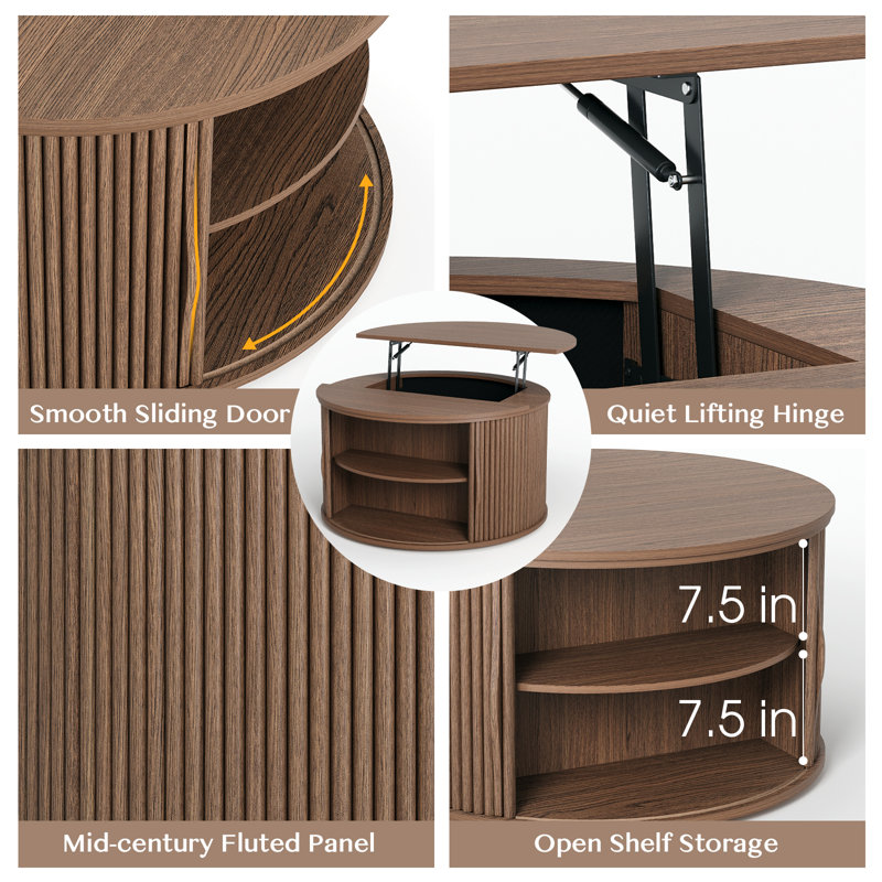31.5" Round Lift-Top Coffee Table with Hidden Storage Compartment, Walnut Coffee Table for Living Room, Walnut
