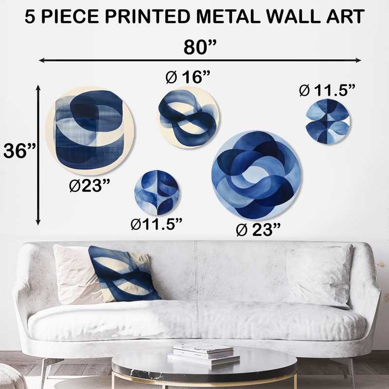 «Blue Minimal Curves» - ensemble de 5 formes d'art abstrait - ensemble de 5 décorations murales modernes en métal
