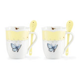 Lenox Butterfly Meadow Yellow Mugs with Spoons, Set of 2