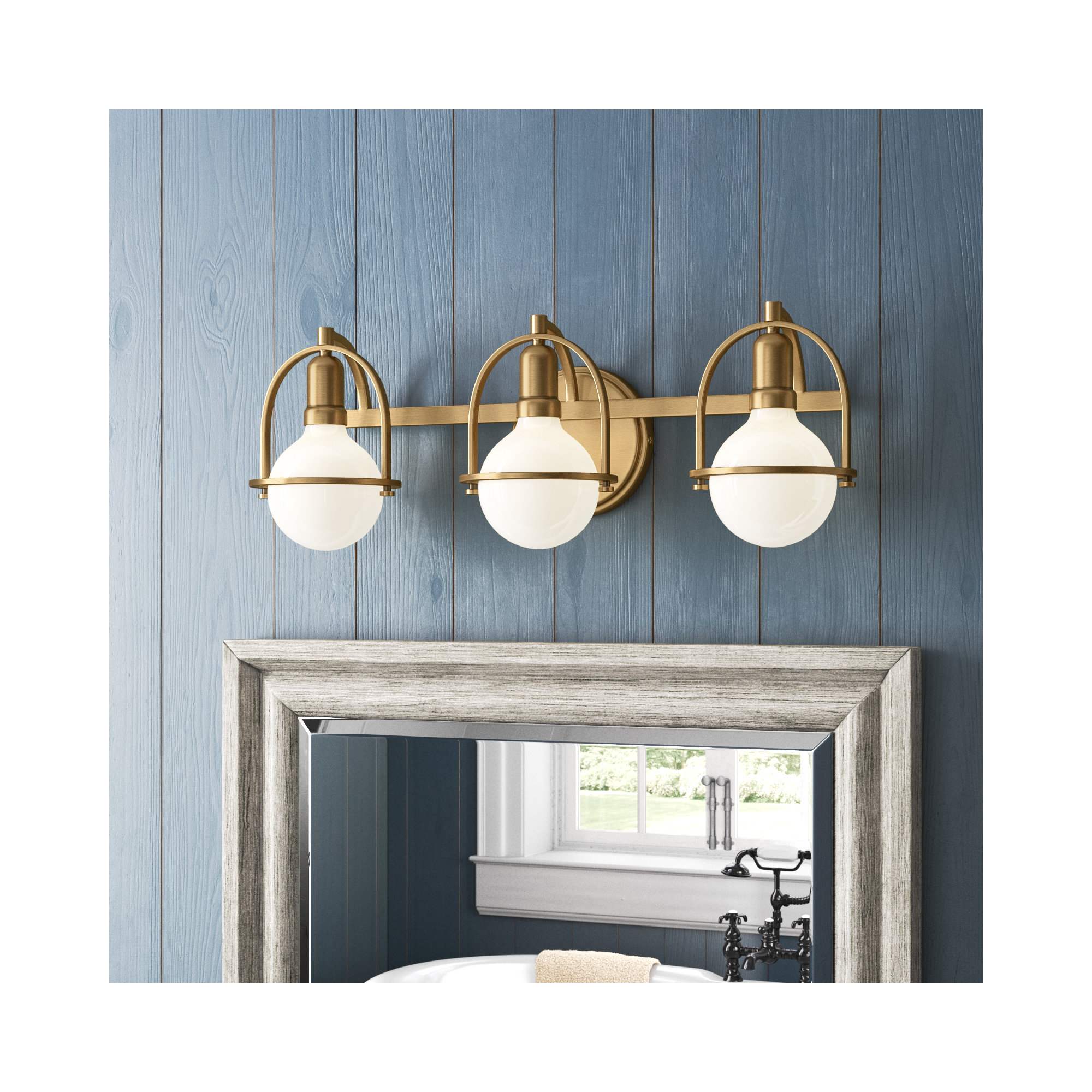 Damiana Bath Vanity Light - G40 Bulb in Photos (not included), 9" H x 25" W x 7.5" D, 3 Lights, Heritage Brass