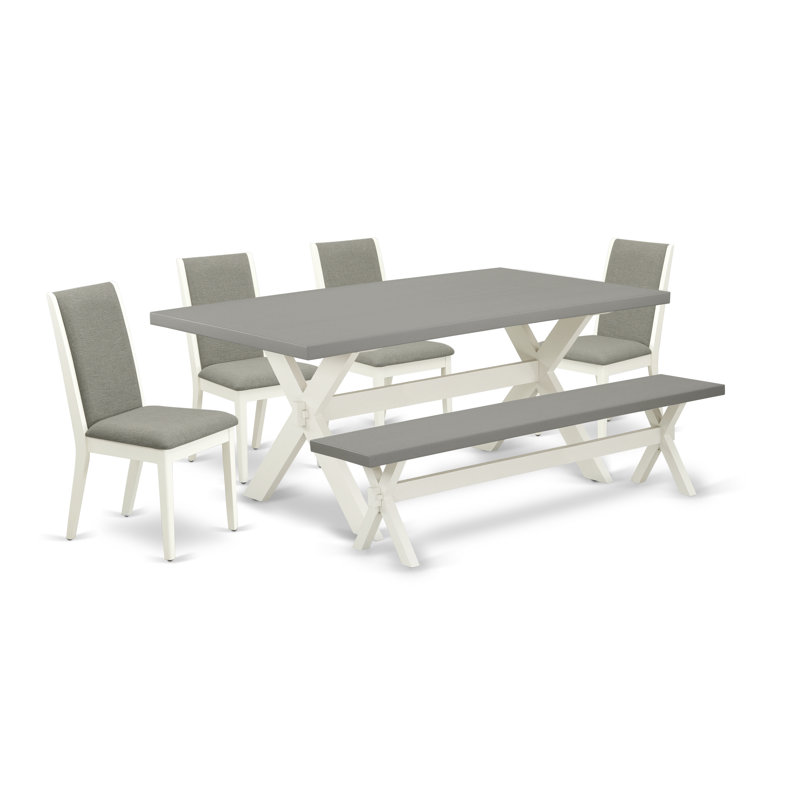L'ensemble de table de salle à manger 6 pièces moderne comprend une table rectangulaire en bois avec des pieds en X et 4 chaises Parson en tissu Shitake en lin avec un banc, en lin brossé blanc