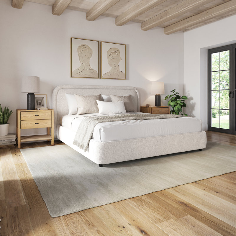 Modern Bed Frame with Rounded Corners and Headboard, Low Profile Platform, Queen, Boucle