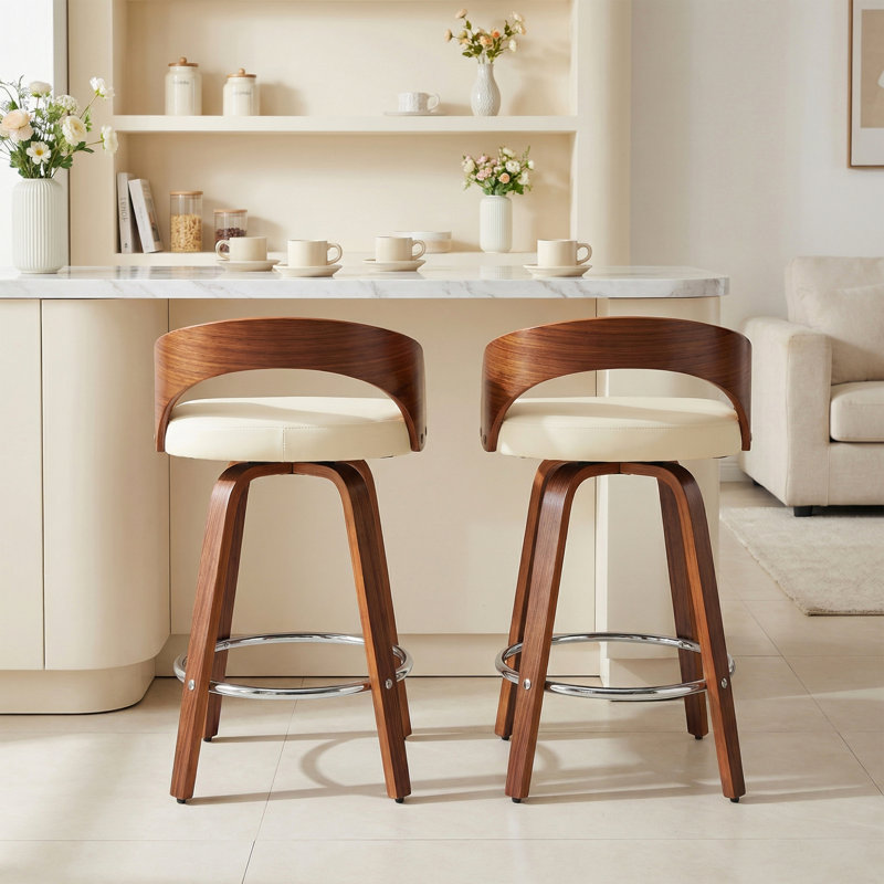 Swivel Bar Stools Set Of 4, 24.6" Counter Height Bar Stools, Mid-Century Modern Upholstered Beige Barstools With Bentwood Curved Back And Legs, Comfortable Footrest, For Kitchen Island Counter