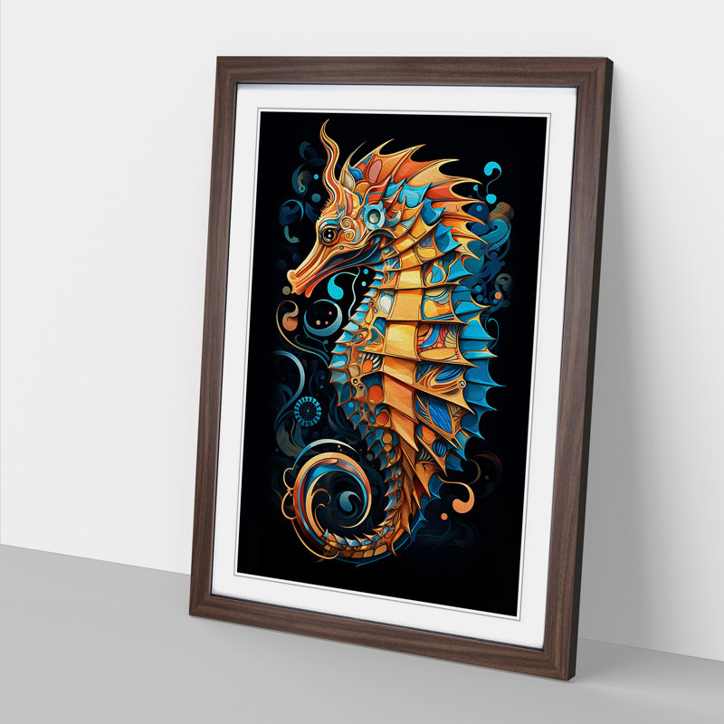 Seahorse Geometric - Framed Print, 64cm H x 46cm W x 2cm D, Walnut 