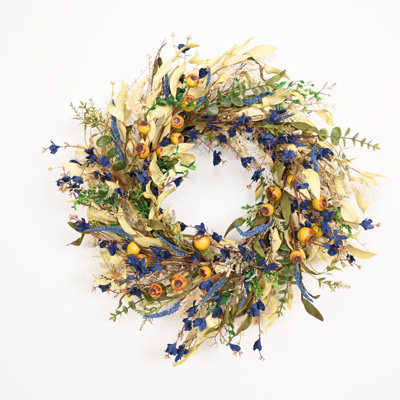 24" Artificial Farmhouse Twig Berry Wheat Sprays Leaves Wildflower Coastal Fall Wreath for Front Door