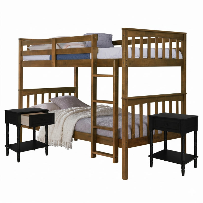 Lit superposé simple au-dessus de simple en bois massif avec table de chevet 3 pièces Aon Ames, Brown, Black