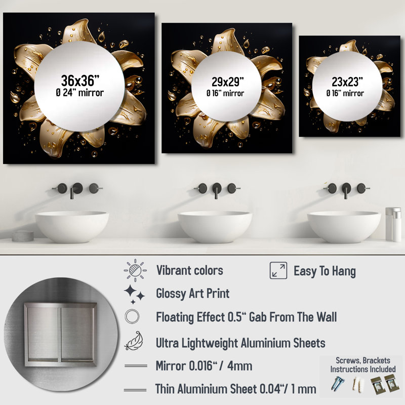 Golden Lily Flower Glam On Black - miroir carré Lily pour décoration murale, 23 po x 23 po