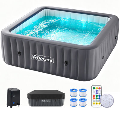 4-6 Person Inflatable Hot Tub, 73" X 73" X 25" Square Portable Spa, Portable Outdoor Spa with Built-In LED Light, Dark Gray