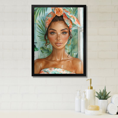 Pink Blue Self Care Woman In Bathroom VI - Bathroom Wall Decor