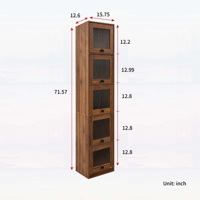 Bibliothèque haute et étroite à 5 niveaux avec portes vitrées relevables, meuble de rangement autoportant pour petits espaces