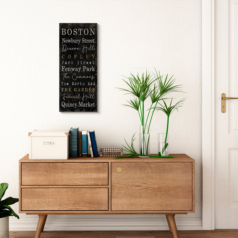 «Boston City Places Black Gold Textured Word Design», art textuel, H 30 po x l 13 po, Toile tendue