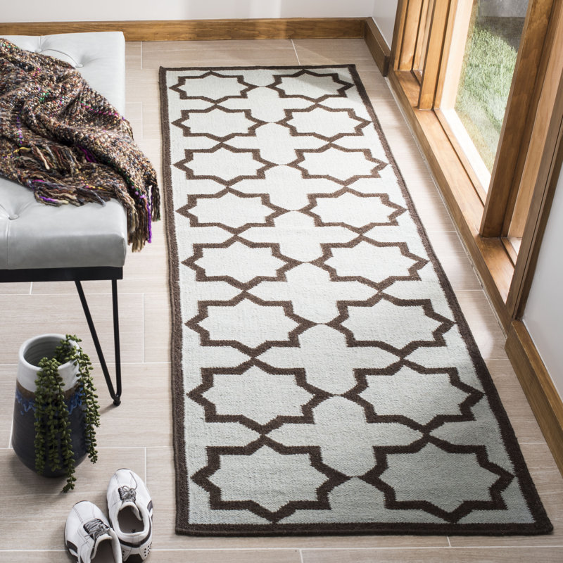 Warren Hand Woven Flat Weave Wool/Cotton Geometric Rug in Light Blue, Runner 2'6" x 8'