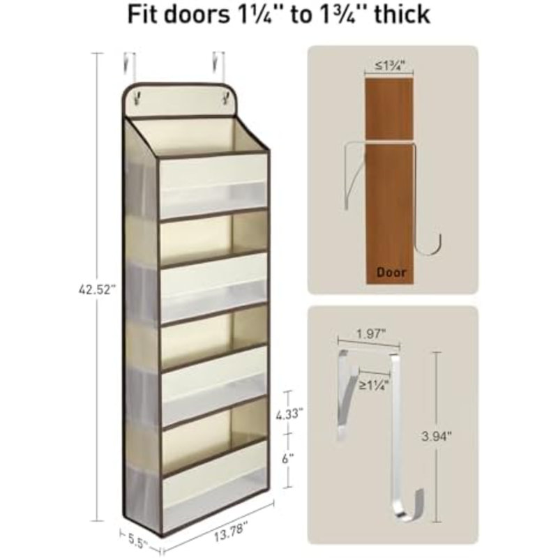 Paquet de 1 organisateur de rangement au-dessus de la porte, organisateur de porte de placard à charge de 35,2 lb, organisateur de salle de bain sans affaissement avec 4 bacs, 6 poches latérales, rangement de porte pour les essentiels de la chambre de bébé, beige
