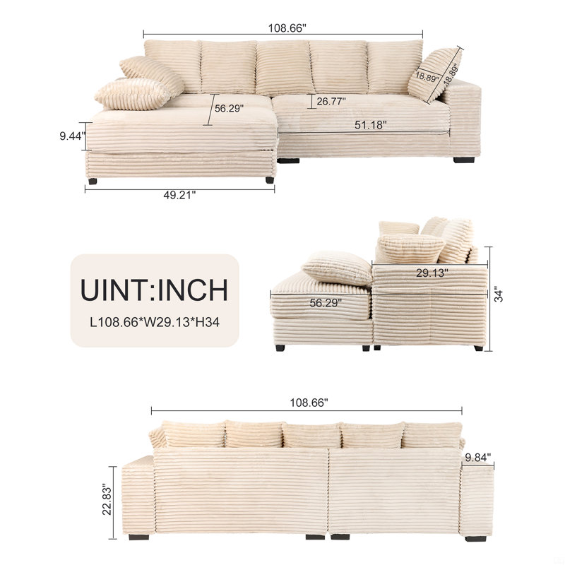Canapé modulaire 108,6 po, canapé modulaire en velours côtelé épaissi, Beige