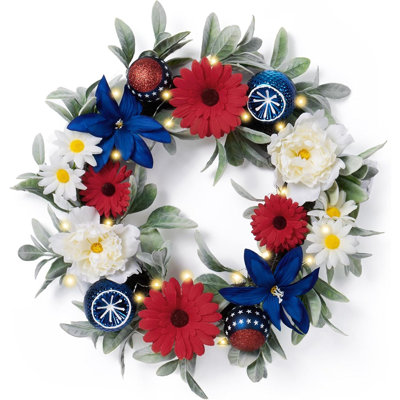 Couronne de 20 pouces le 4 juillet pour porte d'entrée avec lumières, couronne de fleurs patriotique rouge et bleue, décorations du jour du Souvenir avec boules pour les États-Unis, 250e anniversaire