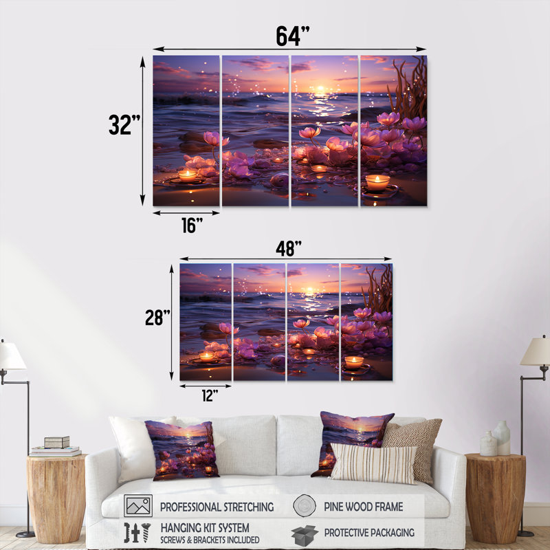 «Sunset Floral Beach Flourish I - Coastal Beach», art mural 4 pièces, H 28 po x l 48 po