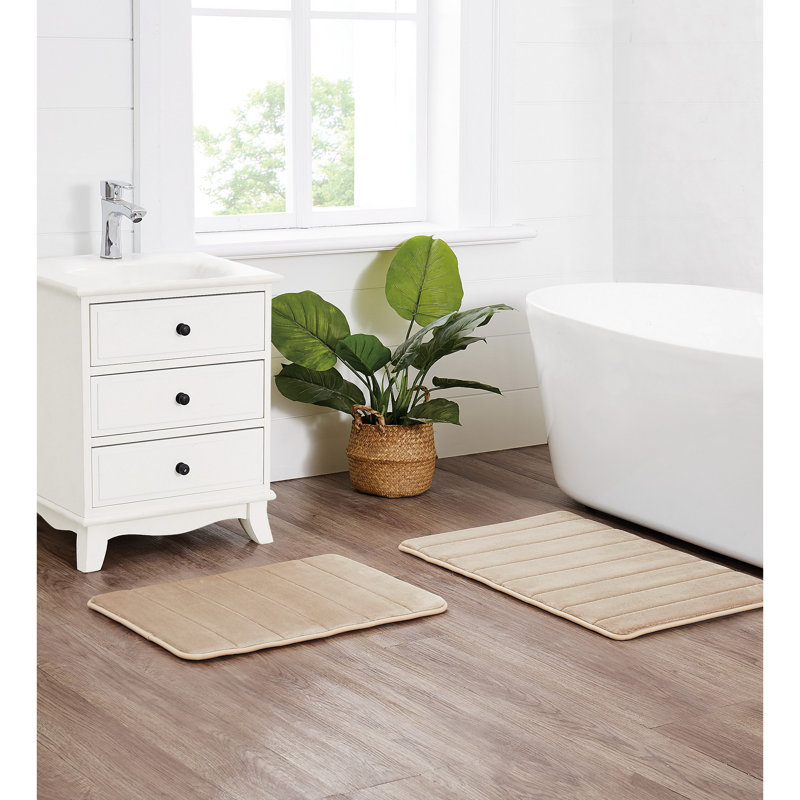 Tan Memory Foam Bath Rug Set with Flannel Polyester