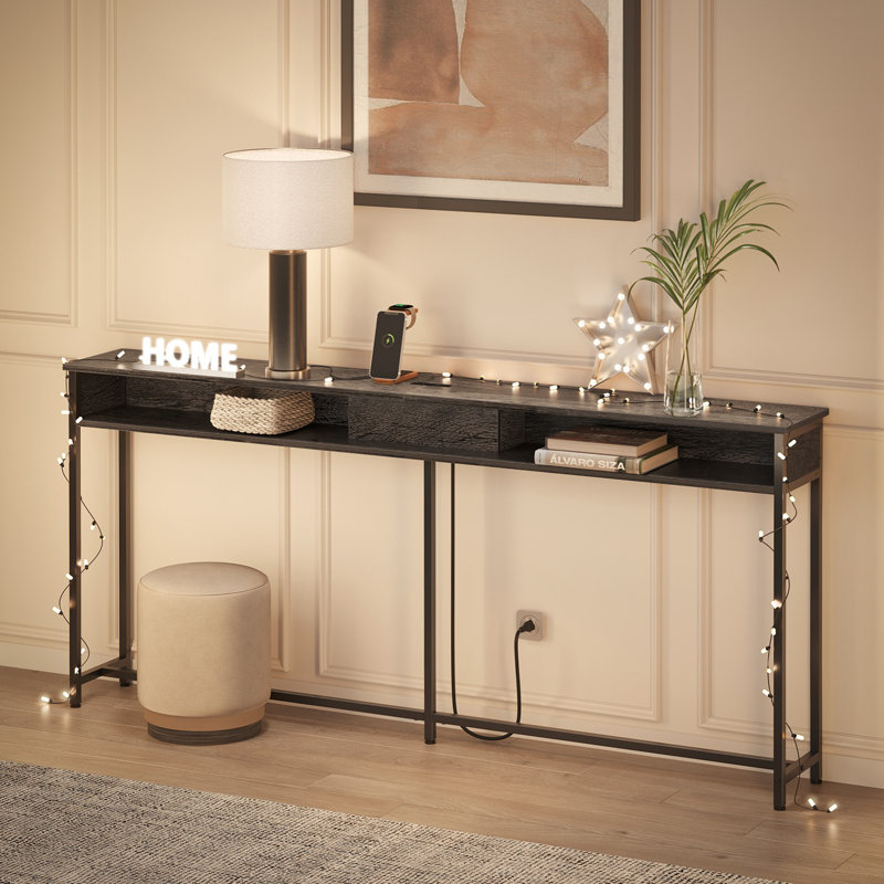 Gericho Console Table with Outlet, Black, 31.5'' H X 70.9'' W X 9.8'' D