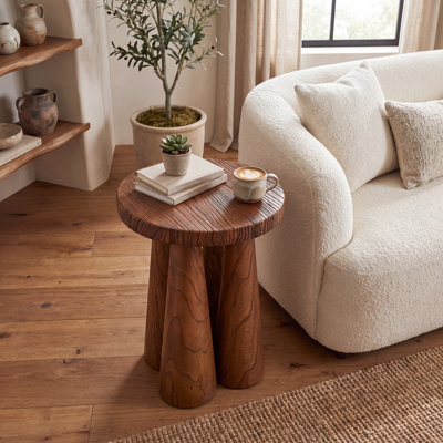 Table d'appoint rustique en bois d'orme recyclé, table ronde en bois massif avec 3 pieds fuselés pour salon ou chambre, 3 finis disponibles : naturel, noyer, brun