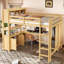 Lit mezzanine grand format au fini naturel, construction en pin et panneau de fibres à densité moyenne avec bureau de rangement intégré et garde-robe pour chambres d'enfant-129462922