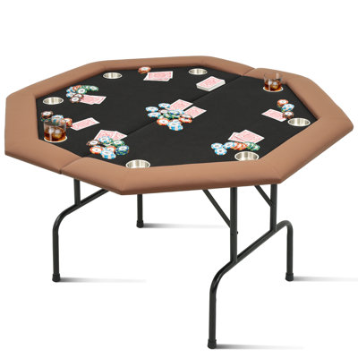 47" 8-Player Octagon Foldable Poker Table, Texas Hold'em Blackjack Table, Black, Steel Legs & Deep Cup Holders