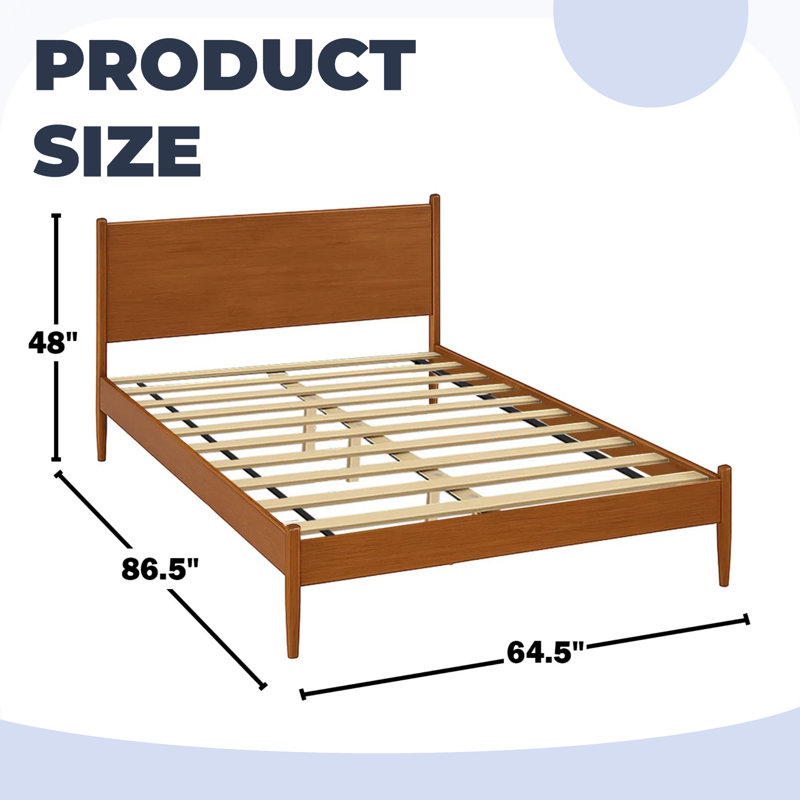 Lit plateforme Mid-Century moderne - Fabrication en bois massif avec base à lattes, Grand lit, Brun