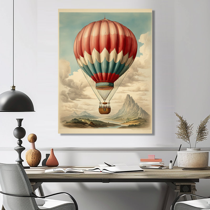 Illustration rétro montgolfière au-dessus des montagnes - montgolfière, art mural, Toile tendue, H 20 po x l 12 po x P 1 po