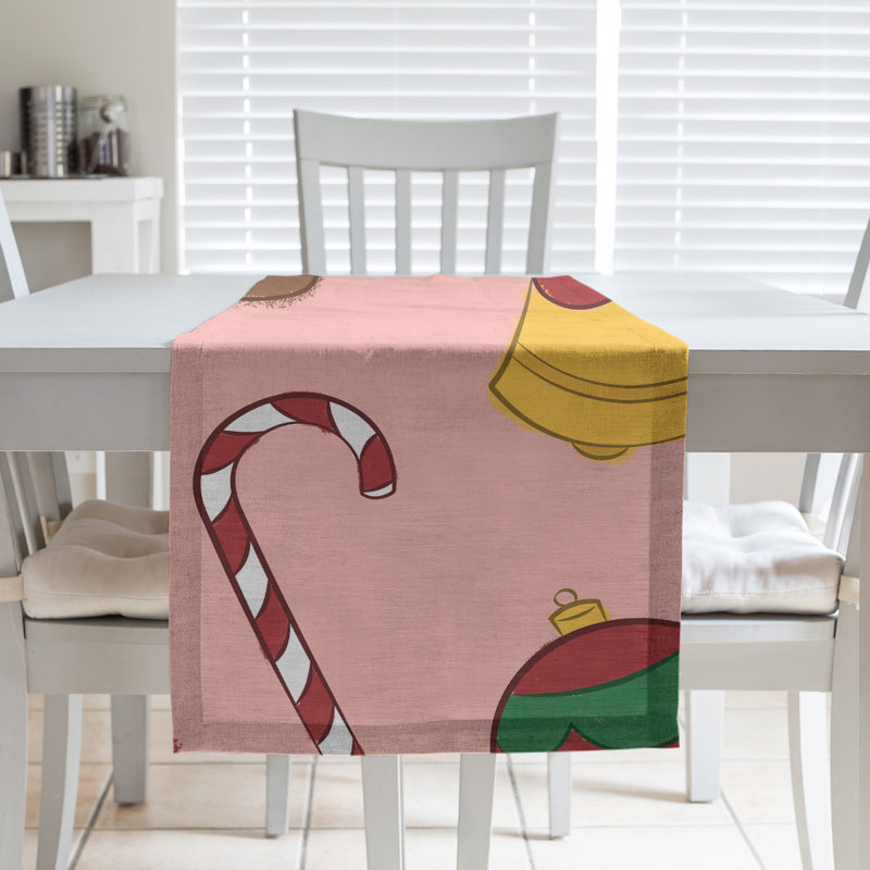 Chemin de table de noël fêter hol, L 72 po x l 16 po, Mélange de coton, Rose clair / rouge / jaune