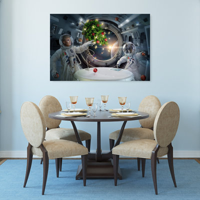 Astronaute de Noël fantaisiste, arbre de Noël contemporain abstrait, paysage, impression d'art mural