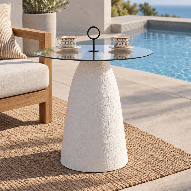 Table d'appoint intérieure avec plateau en verre brun, base texturée blanche et silhouette ronde
