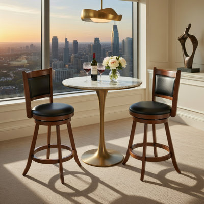  2-Pack 24-Inch Swivel Counter Stools with Upholstered PVC Seat, Hardwood Dining Chairs for Kitchen Bar, Black & Brown