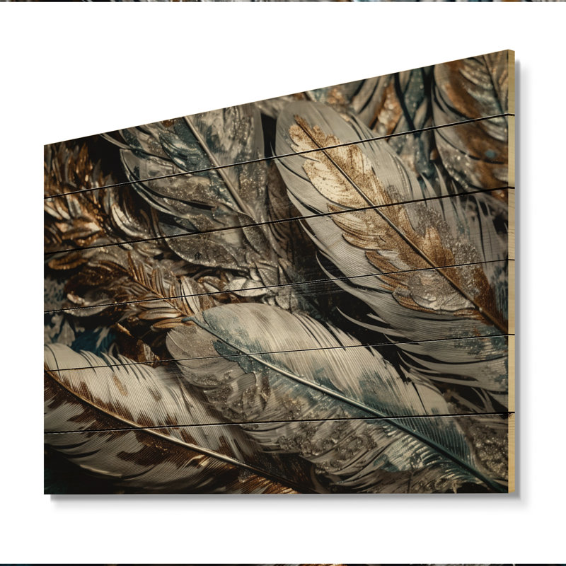 Plumes dorées dorées Ersheen III sur bois, H 10 po x l 20 po x P 0,78 po