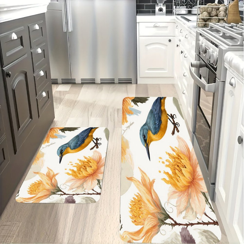 Tapis de cuisine antidérapant à fleurs jaunes et oiseaux, 2 pièces