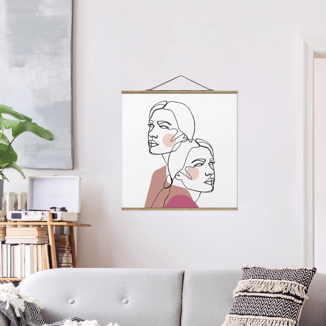 Stoffbild Mit Posterleisten - Line Art Frauen Portrait Wangen Rosa - Quadrat 1:1