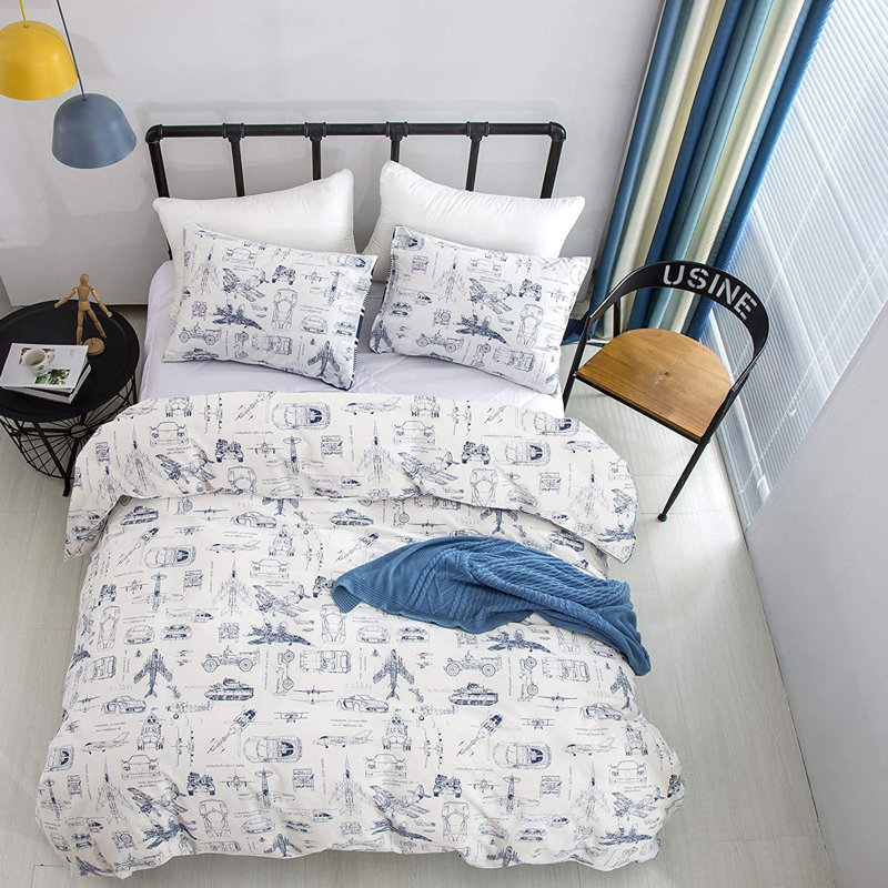Floral Comforter Set Botanical Flower Bedding Set, King Comforter + 2 King Pillowcases, White Aircraft