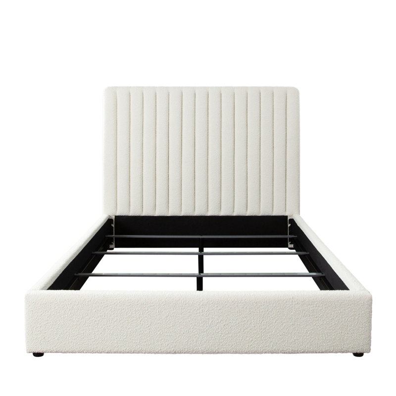 Grand lit Rouk, 88 po, tête de lit capitonnée Channel, polyester ivoire, Grand
