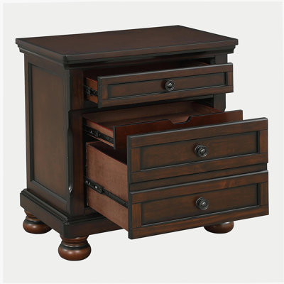 Table de chevet transitionnelle classique en placage de merisier brun avec tiroirs cachés et pieds ronds, mobilier de chambre