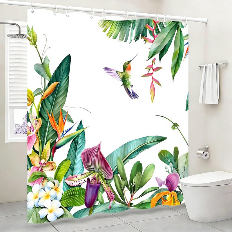Rideau de douche tropical vert à motif floral colibri 72 x 72 po