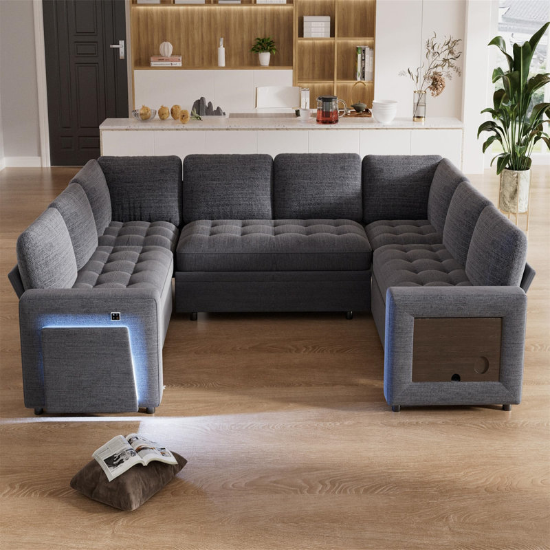 8-Piece U-Shaped Sectional Sleeper Sofa W/ Recliner, Pull-Out Bed, USB Ports & Storage – Tool-Free Assembly, Gray