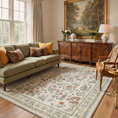 Floral Deer Vintage Machine Washable Beige / Green Indoor Area Rug with Non-Slip Backing
