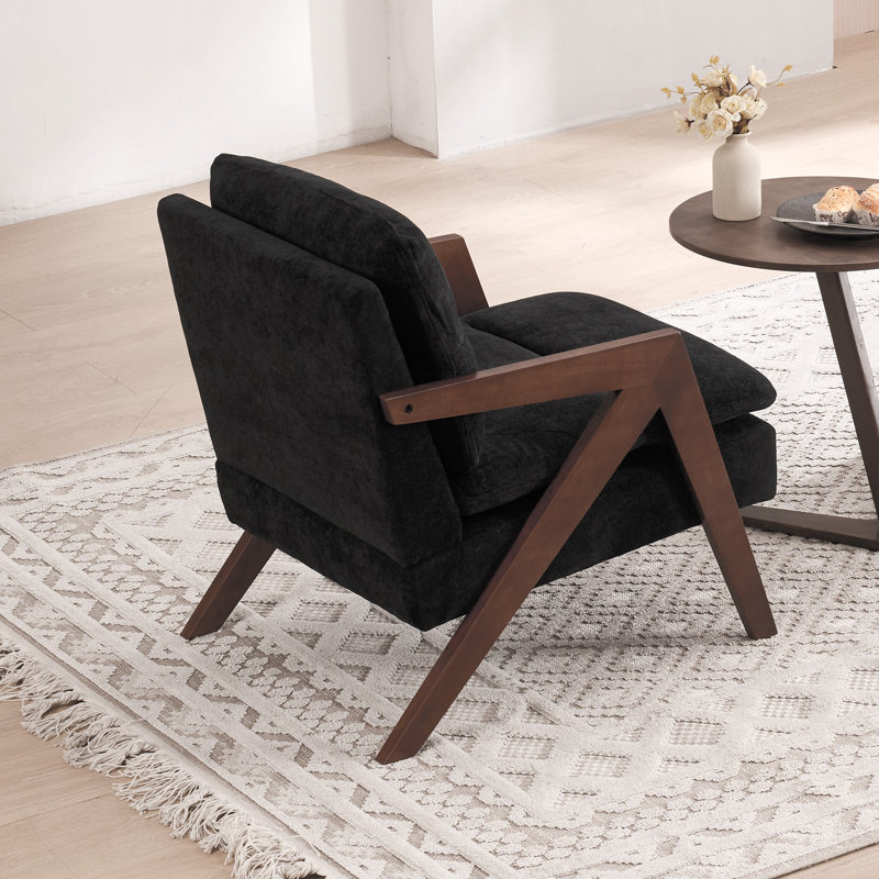 Mid Century Modern Upholstered Chenille Solid Wood Accent Armchair, Black