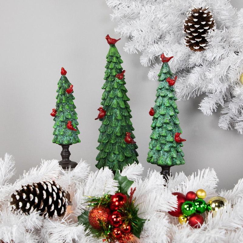 Décoration d'arbre de Noël vert scintillant avec cardinaux rouges, H 11 po x l 3,5 po x P 3,5 po