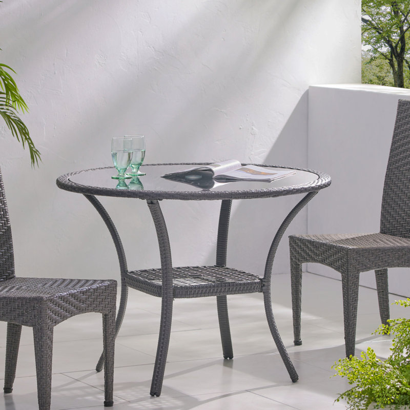 Round Wicker Rattan Side Table With Built-In Glass, Stylish Patio Tables Wicker Coffee Table For Outdoor Outside Patio Porch, Grey