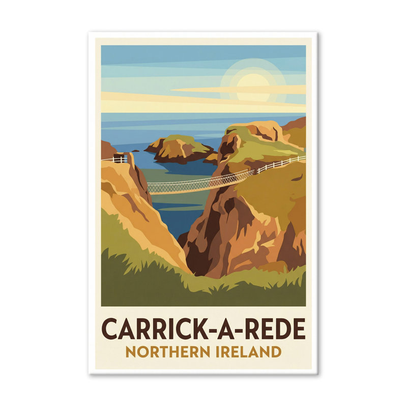 Carrick-a-Rede, Northern Ireland - Romantic Rope-Bridge Travel Poster Of The Causeway Coast. Giclee Print On Wrapped Canvas. Wall Art, Home Decor - Coastal & Maritime, Northern Ireland - Wrapped Canvas Print