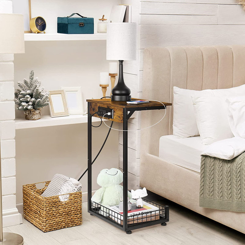 Solid Wood Top End Table and Built-In Outlets