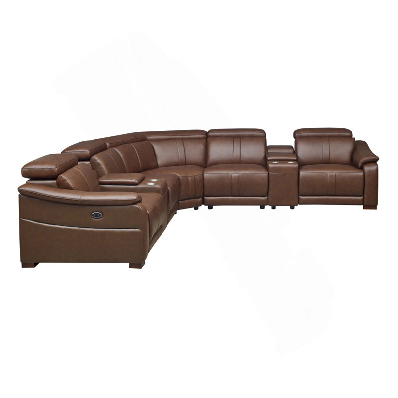 Canapé modulaire en cuir avec siège inclinable, appui-tête réglable et console de rangement avec porte-gobelets, Marron foncé