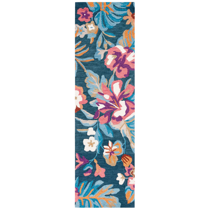 Alhambra Floral Handmade Tufted Wool Blue/Pink Area Rug, Runner 2'3" x 8'